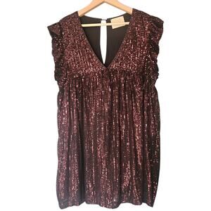 Women's Judith March Mini Red Sequins Ruffle Sleeveless Dress V-Neck Black M